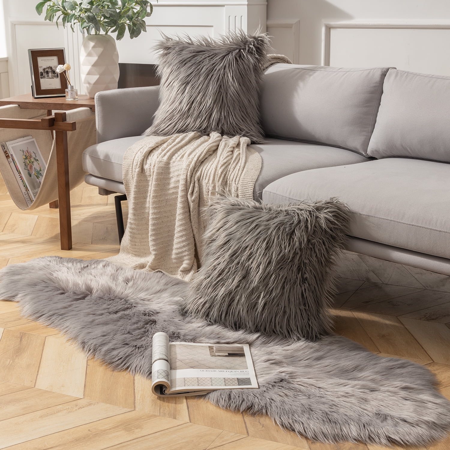 Phantoscope Designer's Choice Faux Fur Decorative Throw Pillow + Area Rug Bundle, 18" x 18"/ 2' x 6', Gray, 2 Pillows + 1 Rug