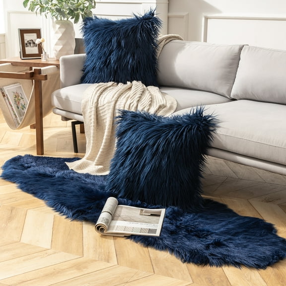 Phantoscope Designer's Choice Faux Fur Decorative Throw Pillow + Area Rug Bundle, 18" x 18"/ 2' x 6', Navy Blue, 2 Pillows + 1 Rug
