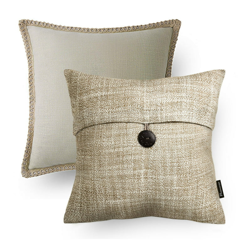 Phantoscope Single Button Series Linen Decorative Throw Pillow, 18x18,  Beige, 2 Pack
