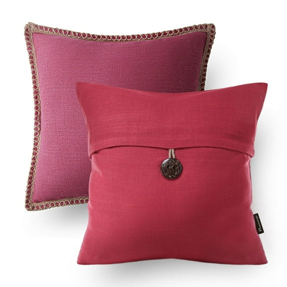 Phantoscope Designer's Choice Linen Trimmed Button Bundle Decorative Throw Pillow, 18" x 18", Red, 2 Pack
