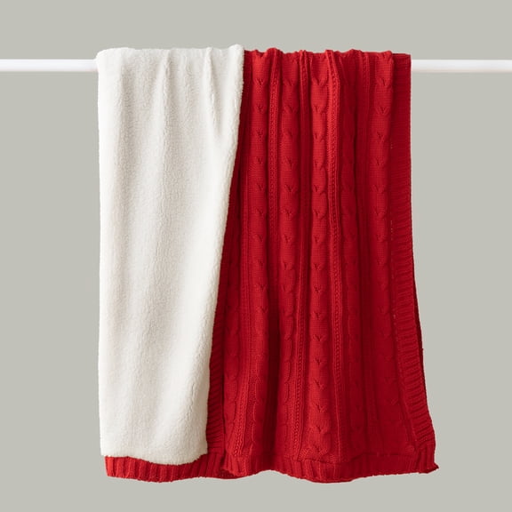 Phantoscope Double Sided Cable Knit Throw Blanket for Couch Bed Sofa, Decorative Cozy Throw, 47x70 Inches, Red