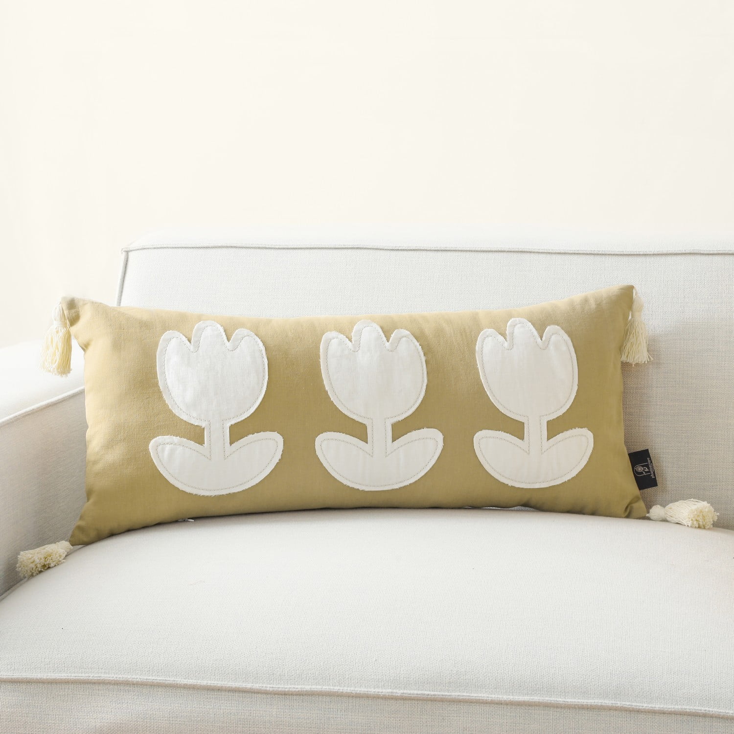 Phantoscope Easter Applique Flowers Throw Pillow with Tassel Pendants Decorative for Home, Couch, Living Room, Bedroom, 12" x 27.5", Light Coffee, 1 Pack