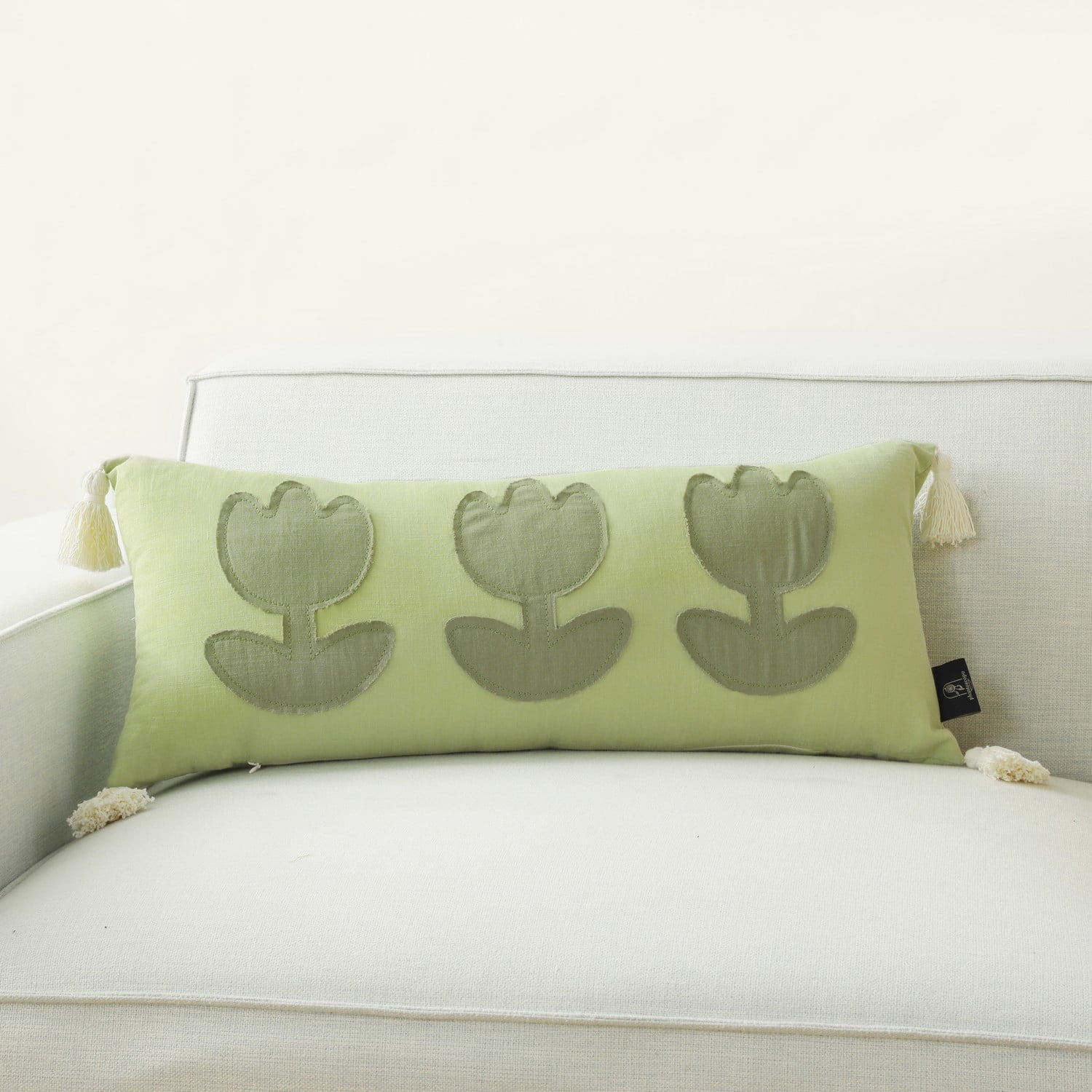 Phantoscope Easter Applique Flowers Throw Pillow with Tassel Pendants Decorative for Home, Couch, Living Room, Bedroom, 12" x 27.5", Light Green, 1 Pack