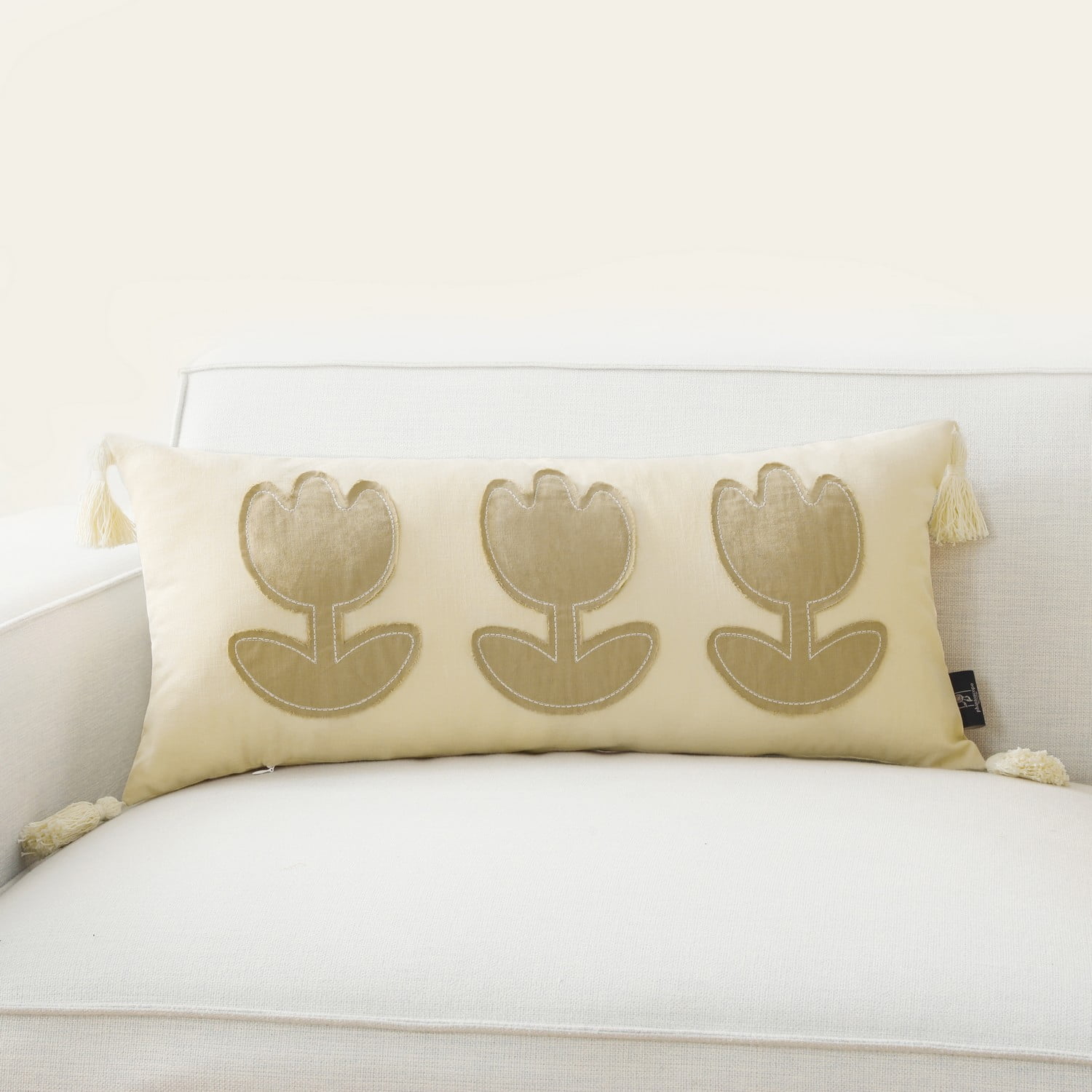 Phantoscope Easter Applique Flowers Throw Pillow with Tassel Pendants Decorative for Home, Couch, Living Room, Bedroom, 12" x 27.5", Beige, 1 Pack