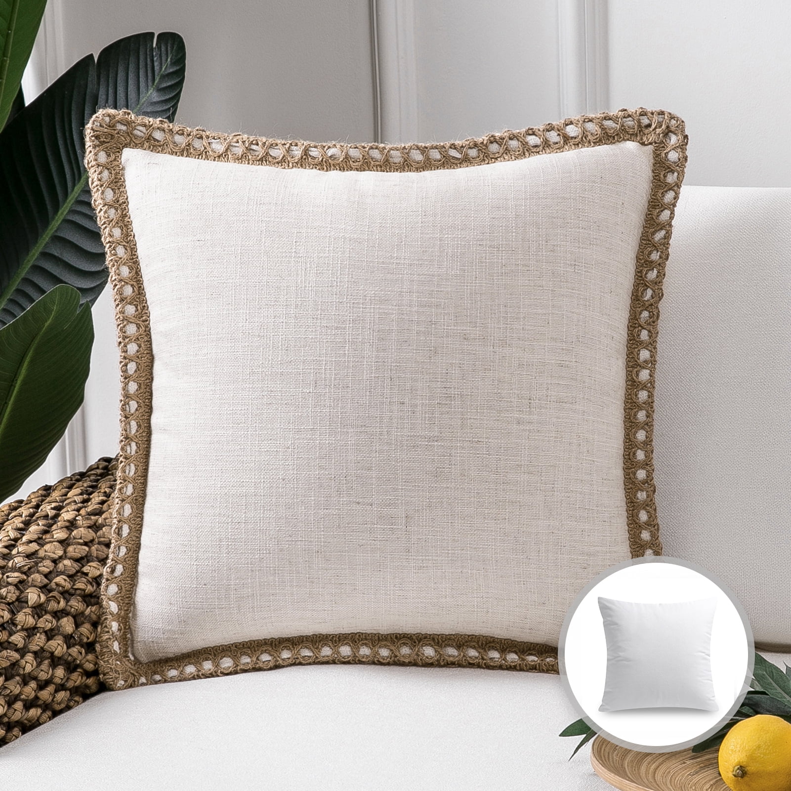 Phantoscope Farmhouse Burlap Linen Edge Christmas Decorative Throw Pillow for livingroom Bedroom , 22" x 22", Off-White, 1 Pack