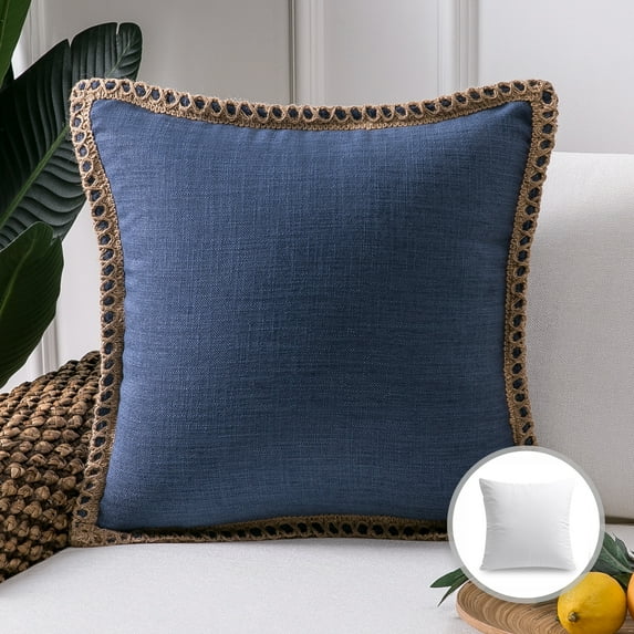 Phantoscope Farmhouse Burlap Linen Tailored Edge Series Decorative Throw Pillow, 18" x 18", Blue, 1 Pack