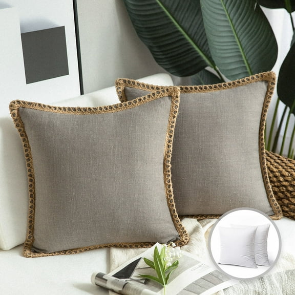 Phantoscope Farmhouse Burlap Linen Tailored Edge Series Decorative Throw Pillow, 18" x 18", Gray, 2 Pack