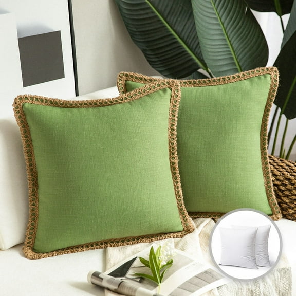 Phantoscope Farmhouse Burlap Linen Tailored Edge Series Decorative Throw Pillow, 18" x 18", Green, 2 Pack