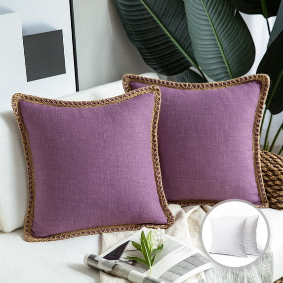 Phantoscope Farmhouse Burlap Linen Tailored Edge Series Decorative Throw Pillow, 18" x 18", Purple, 2 Pack