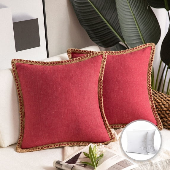 Phantoscope Farmhouse Burlap Linen Tailored Edge Series Decorative Throw Pillow, 20" X 20", Red, 2 Pack