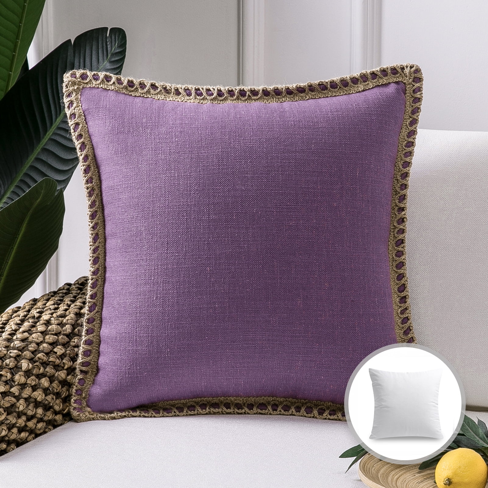 Phantoscope Farmhouse Burlap Linen Tailored Edge Series Decorative Throw Pillow, 20" x 20", Purple, 1 Pack