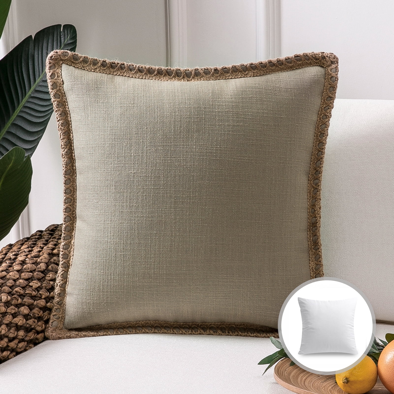Phantoscope Farmhouse Burlap Linen Tailored Edge Series Decorative Throw Pillow, 22" x 22", Beige, 1 Pack