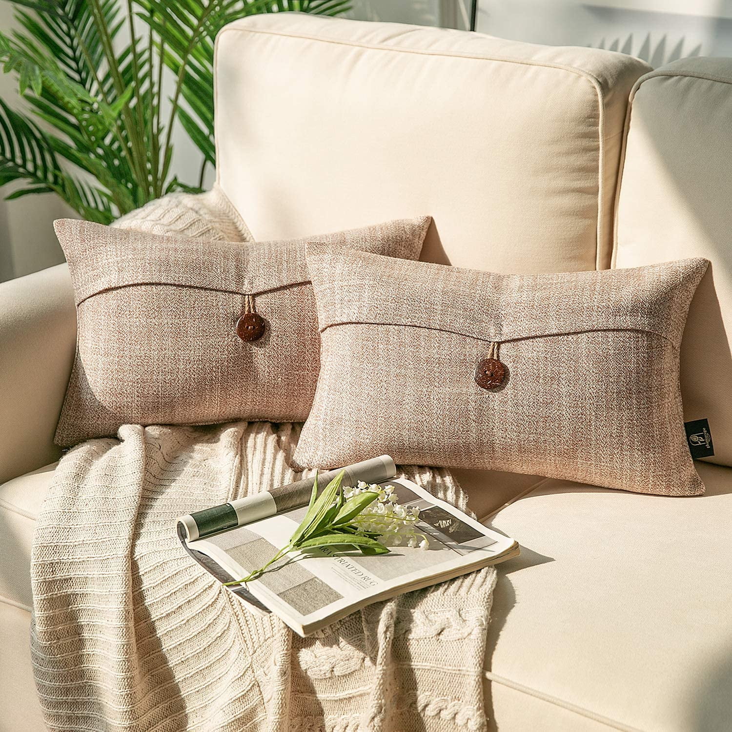 Beige Linen and Polyester Farmhouse Throw Pillow Set with Coconut Button