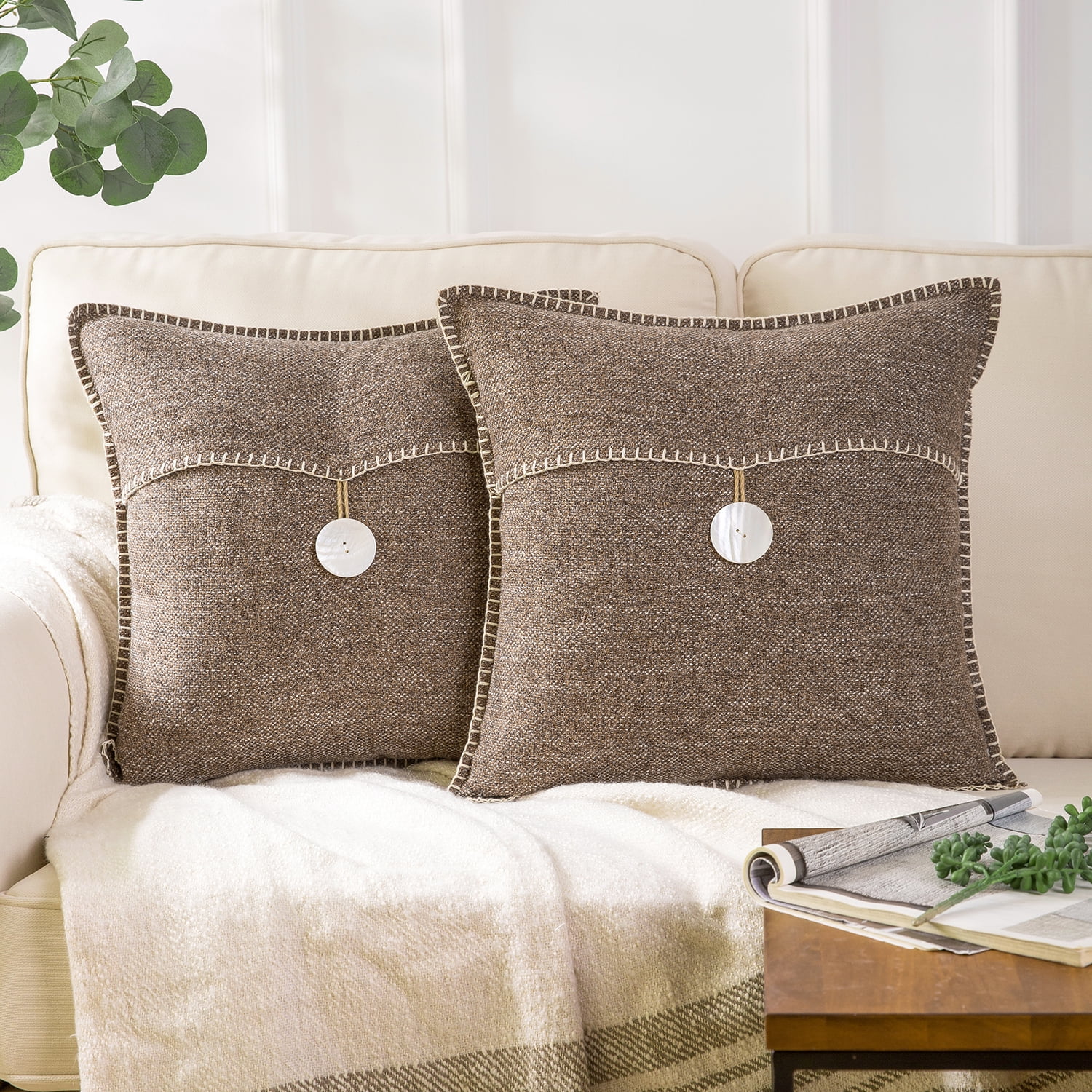 Phantoscope Single Button Series Linen Decorative Throw Pillow, 18 inchx18 inch, Beige, 2 Pack, Size: 18 inch x 18 inch