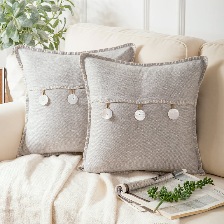 Phantoscope Single Button Series Linen Decorative Throw Pillow, 18x18,  Beige, 2 Pack 