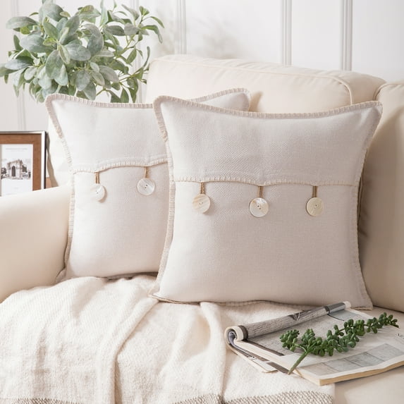 Phantoscope Farmhouse Button Series Square Decorative Throw Pillow Cover for Couch, 18" x 18", Off White, Triple Button, 2 Pack