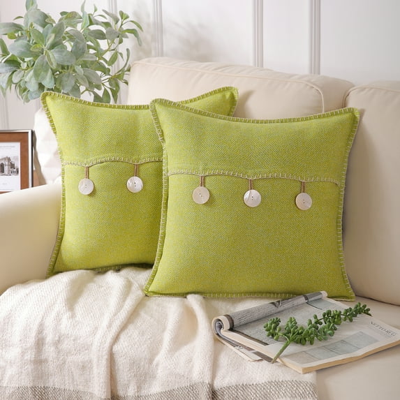 Phantoscope Farmhouse Button Series Square Decorative Throw Pillow Cover for Couch, 18" x 18", Yellow Green, Triple Button, 2 Pack