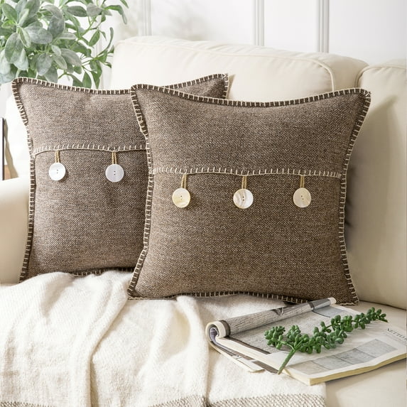 Phantoscope Farmhouse Button Series Square Filled Decorative Throw Pillow for Couch, 18" x 18", Coffee, Triple Button, 2 Pack