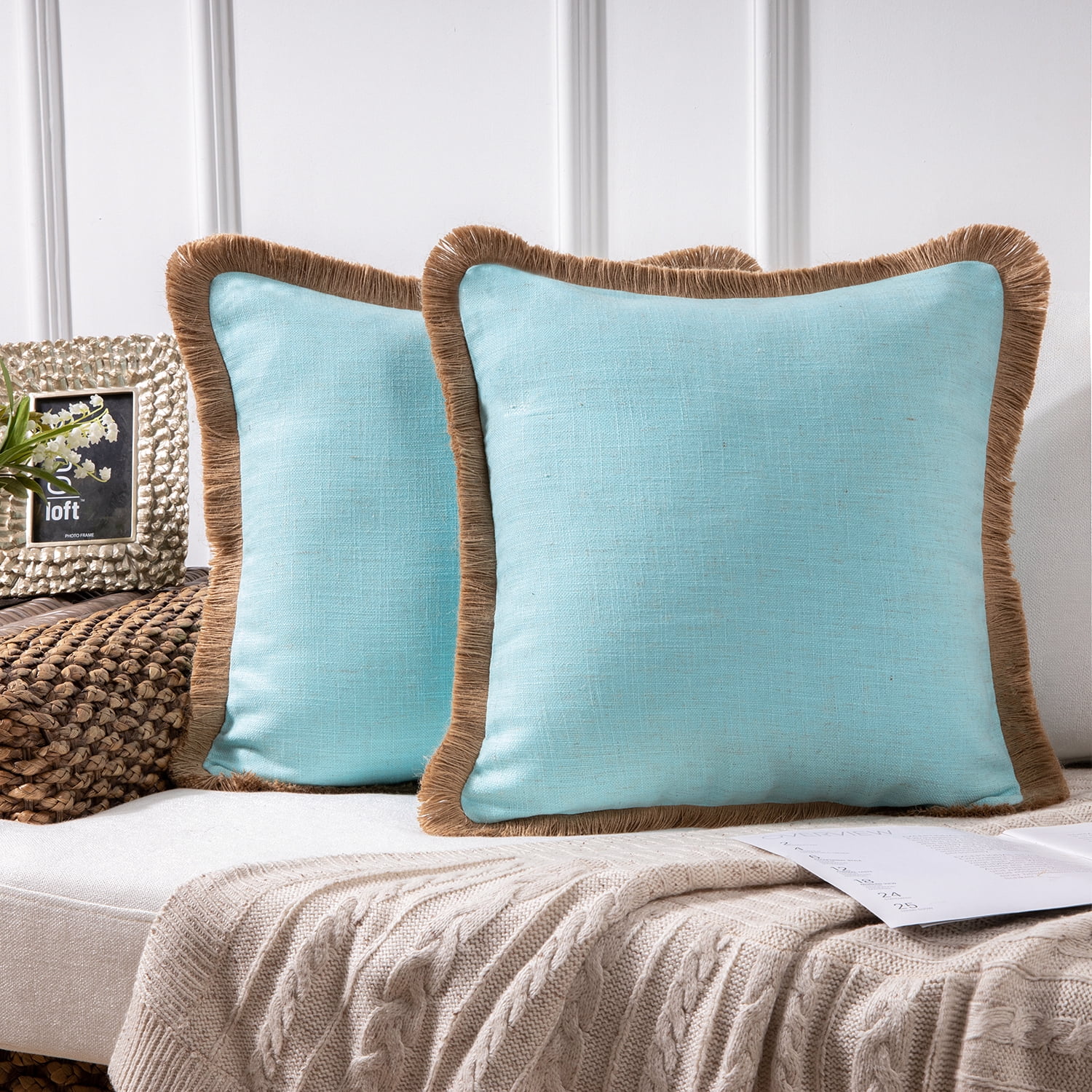 Phantoscope Farmhouse Linen Throw Pillows, Tassel Trimmed Boho Decorative Accent Pillows, Light Blue, 18 x 18 in, Set of 2