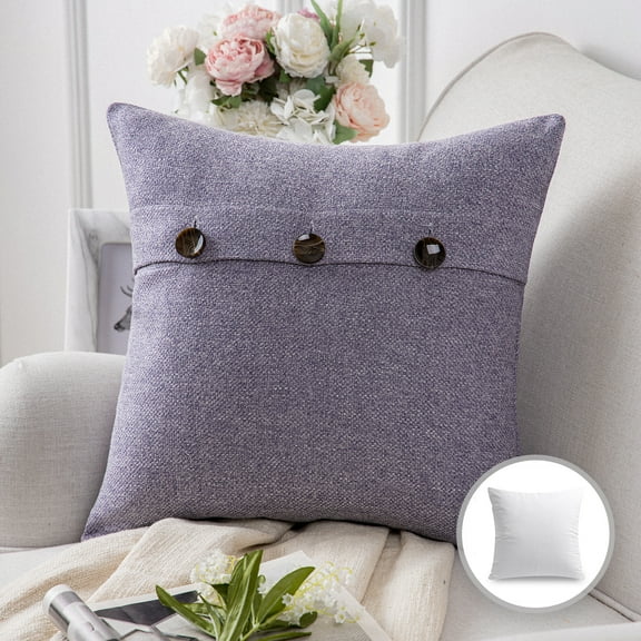 Phantoscope Farmhouse Series Cotton Blend Decorative Throw Pillow with Triple Buttons, 18" x 18", Light Purple, 1 Pack