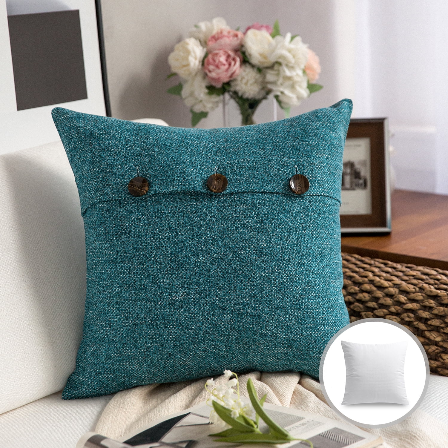 Phantoscope Farmhouse Series Cotton Blend Decorative Throw Pillow with Triple Button, 20" x 20", Lake Blue, 1 Pack