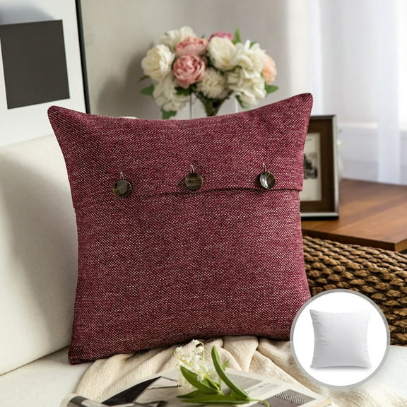 Phantoscope Farmhouse Series Cotton Blend Decorative Throw Pillow with Triple Button, 20" x 20", Wine Red, 1 Pack