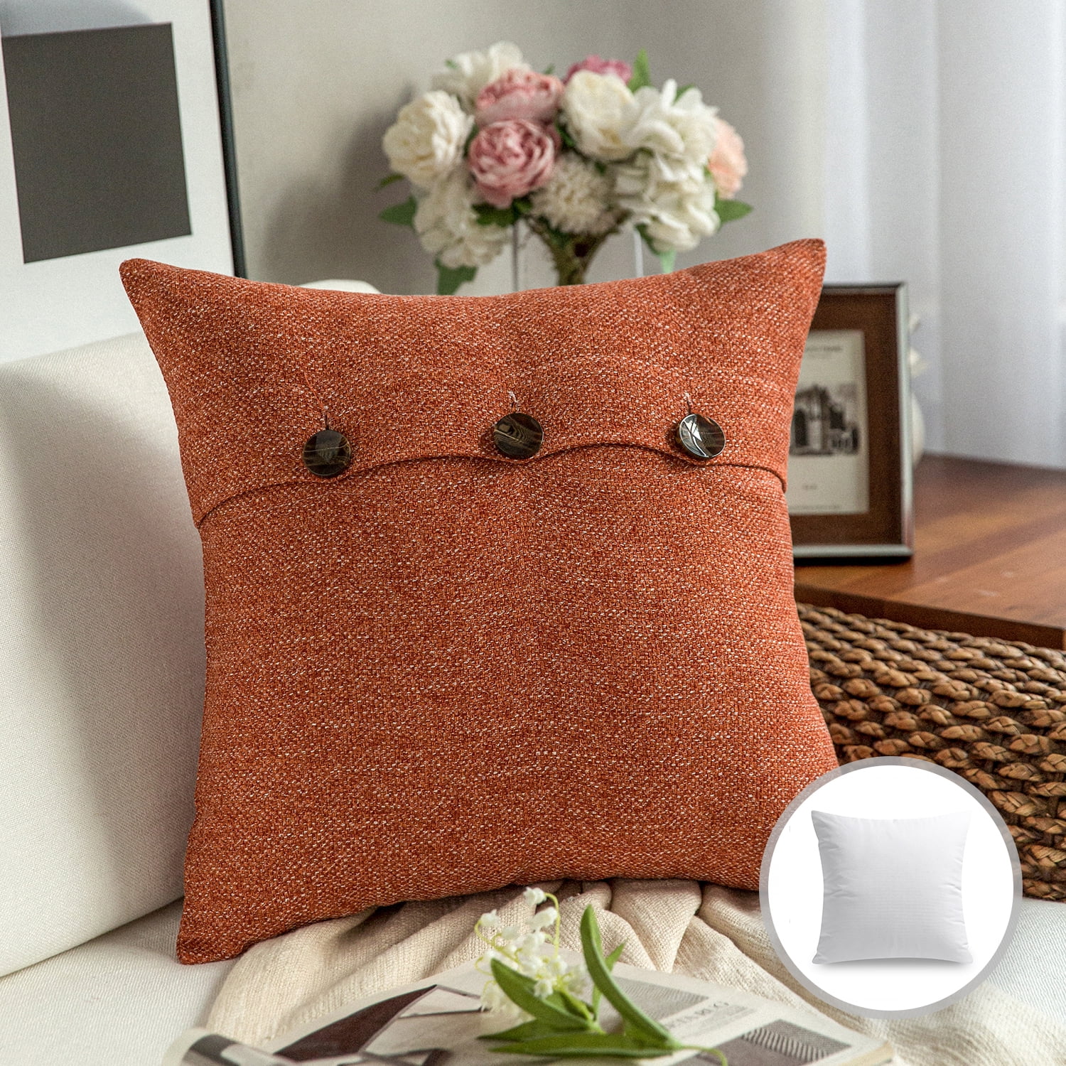 Phantoscope Farmhouse Series Cotton Blend Decorative Throw Pillow with Triple Button, 22" x 22", Orange, 1 Pack