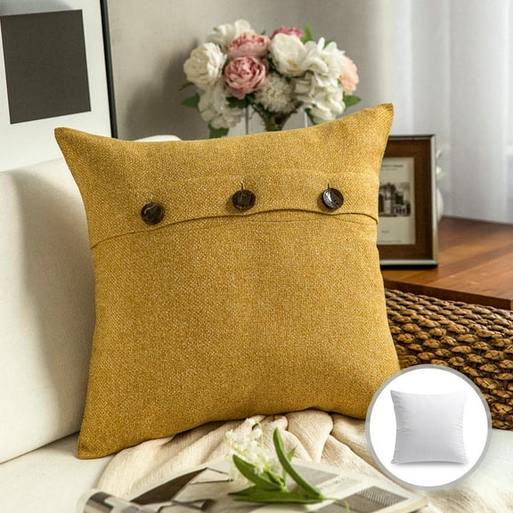 Phantoscope Farmhouse Series Cotton Blend Decorative Throw Pillow with Triple Buttons, 22" x 22", Yellow, 1 Pack