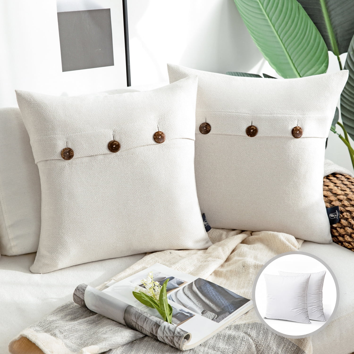 Off-White 18" x 18" Cotton Blend Farmhouse Throw Pillows with Buttons, Set of 2
