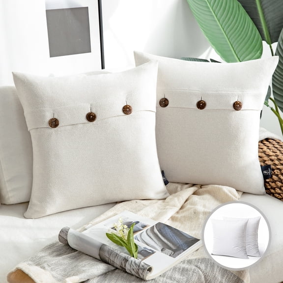 Phantoscope Farmhouse Series Triple Button Decorative Throw Pillow, 20" x 20", Off-White, 2 Pack