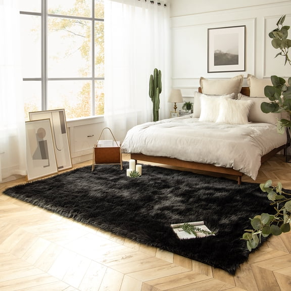 Phantoscope Faux Fur Area Rug, Fluffy Black Shag Carpet, Ultra Soft Machine Washable Indoor Area Rug, 3' x 5', for Living Room, Bedroom, Nursery & Kids Room
