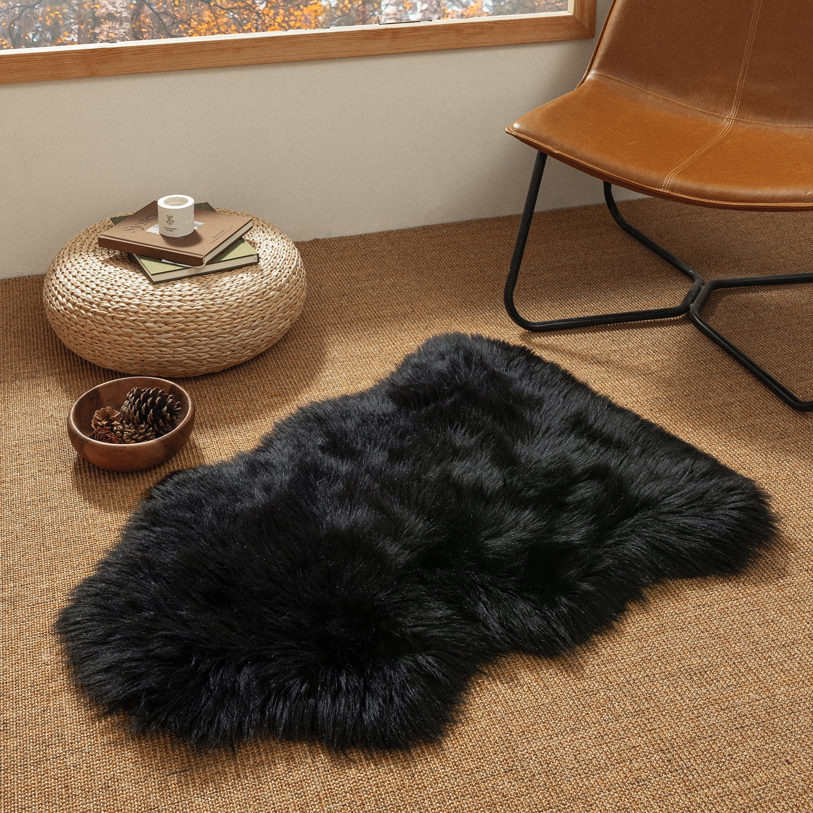 Phantoscope Faux Fur Area Rug, Fluffy Black Sheepskin Shag Carpet, Ultra Soft Machine Washable Indoor Rug, 2' x 3', for Living Room, Bedroom, Nursery & Kids Room