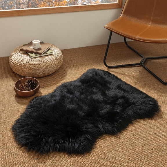 Phantoscope Faux Fur Area Rug, Fluffy Black Sheepskin Shag Carpet, Ultra Soft Machine Washable Indoor Rug, 2' x 3', for Living Room, Bedroom, Nursery & Kids Room