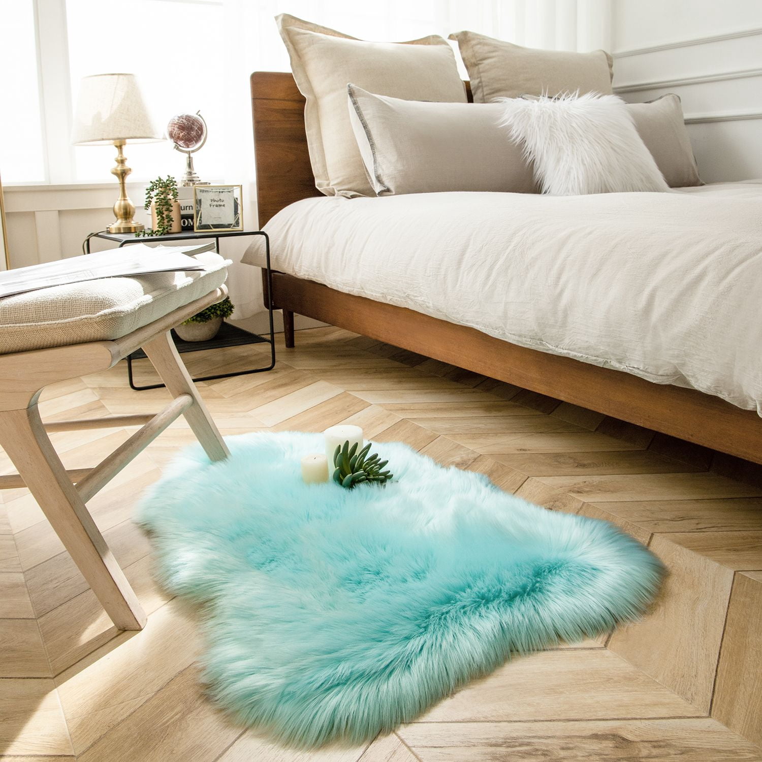 Phantoscope Faux Fur Area Rug, Fluffy Turquoise Shag Carpet, Ultra Soft Machine Washable Indoor Area Rug, 2' x 3', Irregular Sheepskin Shape for Living Room, Bedroom, Nursery & Kids Room