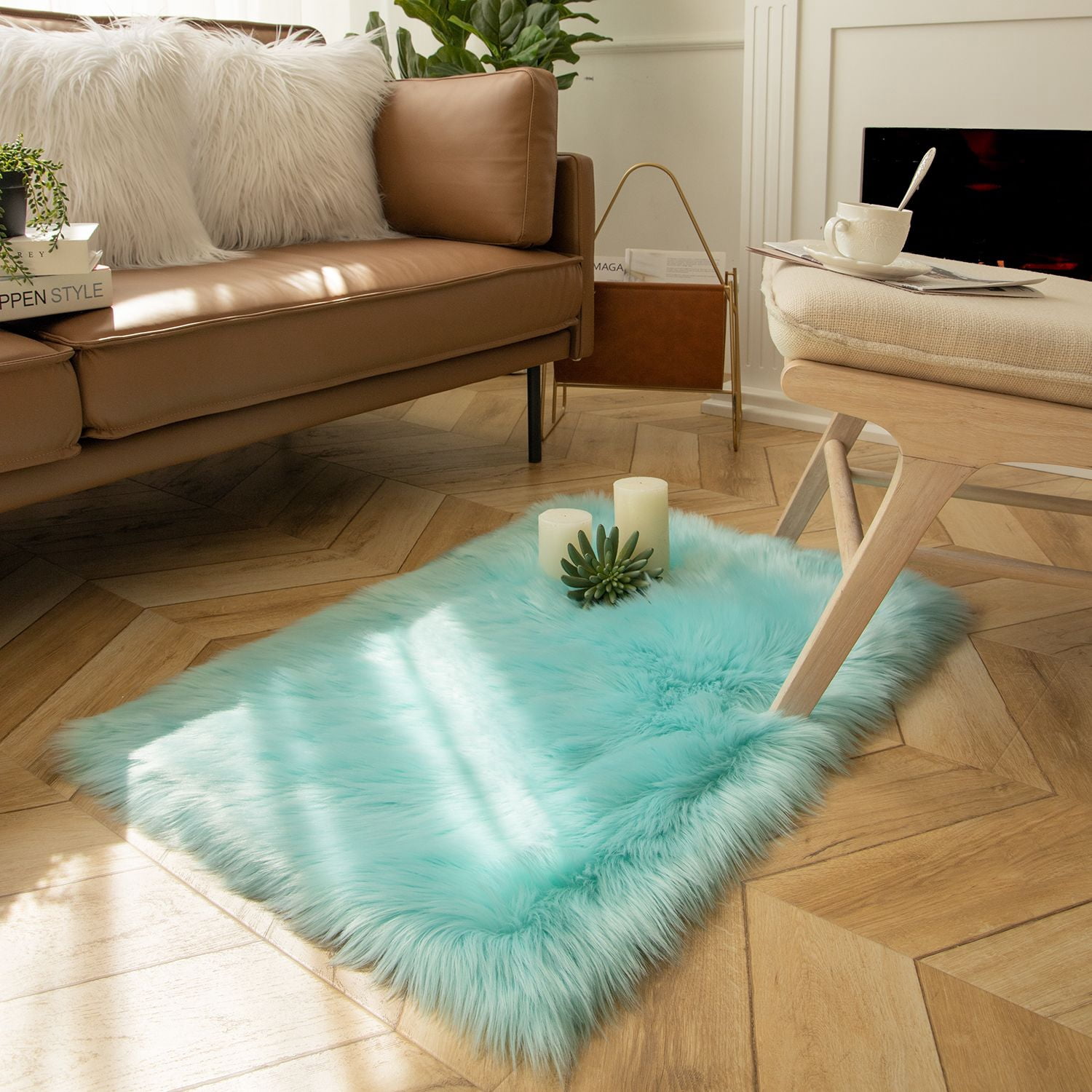 Phantoscope Faux Fur Area Rug, Fluffy Turquoise Shag Carpet, Ultra Soft Machine Washable Indoor Area Rug, 2' x 3', Rectangular for Living Room, Bedroom, Nursery & Kids Room