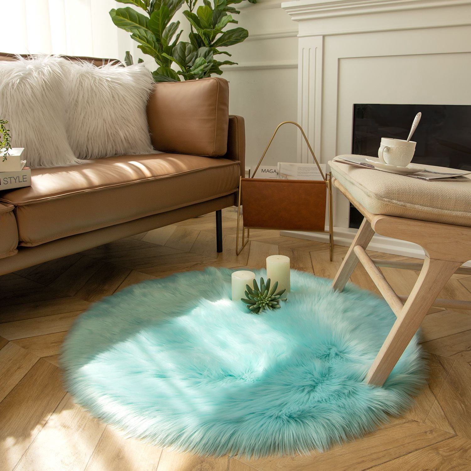 Phantoscope Faux Fur Area Rug, Fluffy Turquoise Shag Carpet, Ultra Soft Machine Washable Indoor Area Rug, 3' x 3', Round for Living Room, Bedroom, Nursery & Kids Room