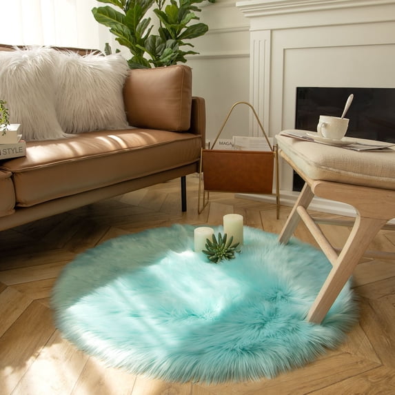 Phantoscope Faux Fur Area Rug, Fluffy Turquoise Shag Carpet, Ultra Soft Machine Washable Indoor Area Rug, 3' x 3', Round for Living Room, Bedroom, Nursery & Kids Room