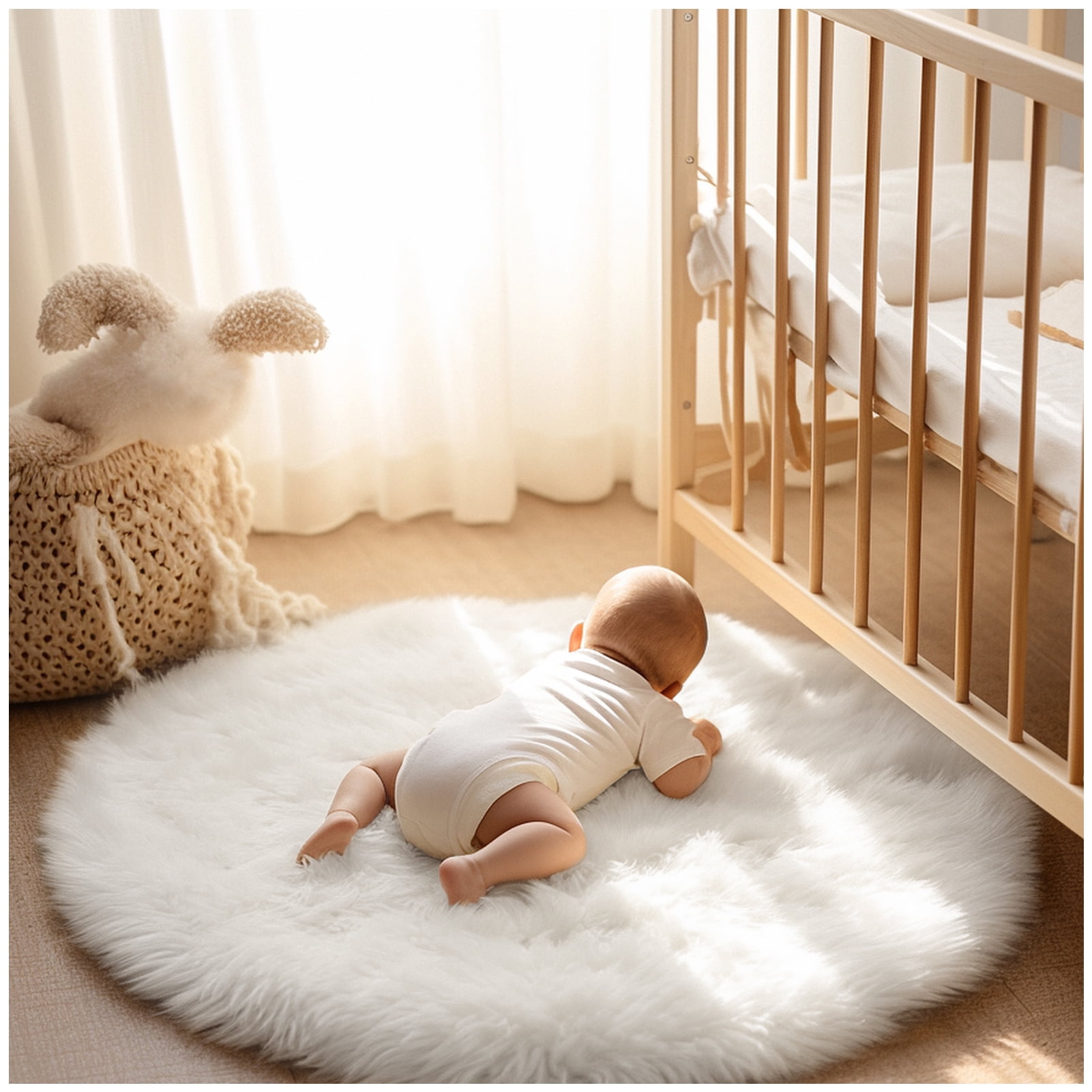 Phantoscope Faux Fur Area Rug, Fluffy White Sheepskin Shag Carpet, Ultra Soft Machine Washable Indoor Rug, 3' x 3', for Living Room, Bedroom, Nursery & Kids Room