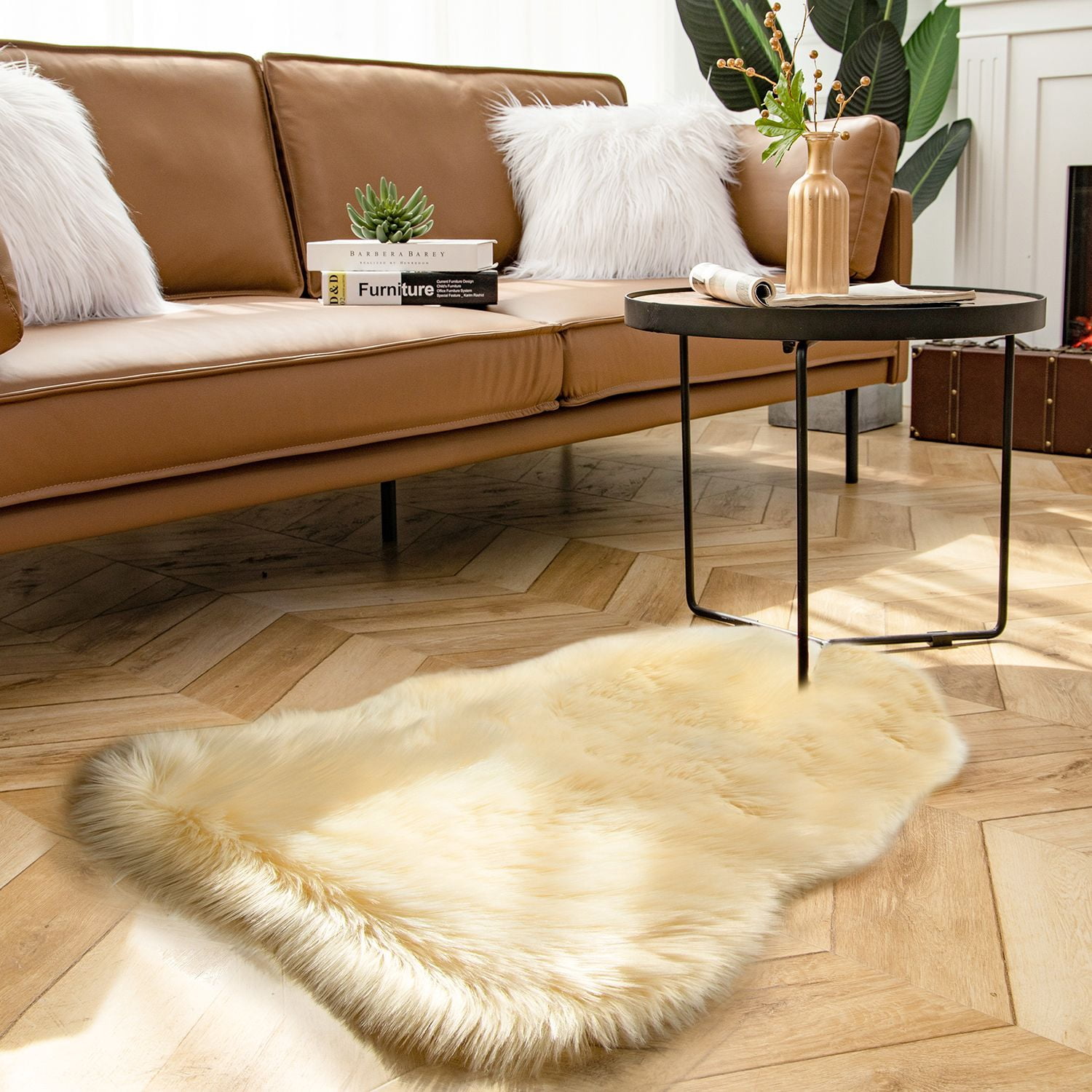 Phantoscope Faux Fur Area Rug, Fluffy Yellow Shag Carpet, Ultra Soft Machine Washable Indoor Area Rug, 2' x 3', Irregular Sheepskin Shape for Living Room, Bedroom, Nursery & Kids Room