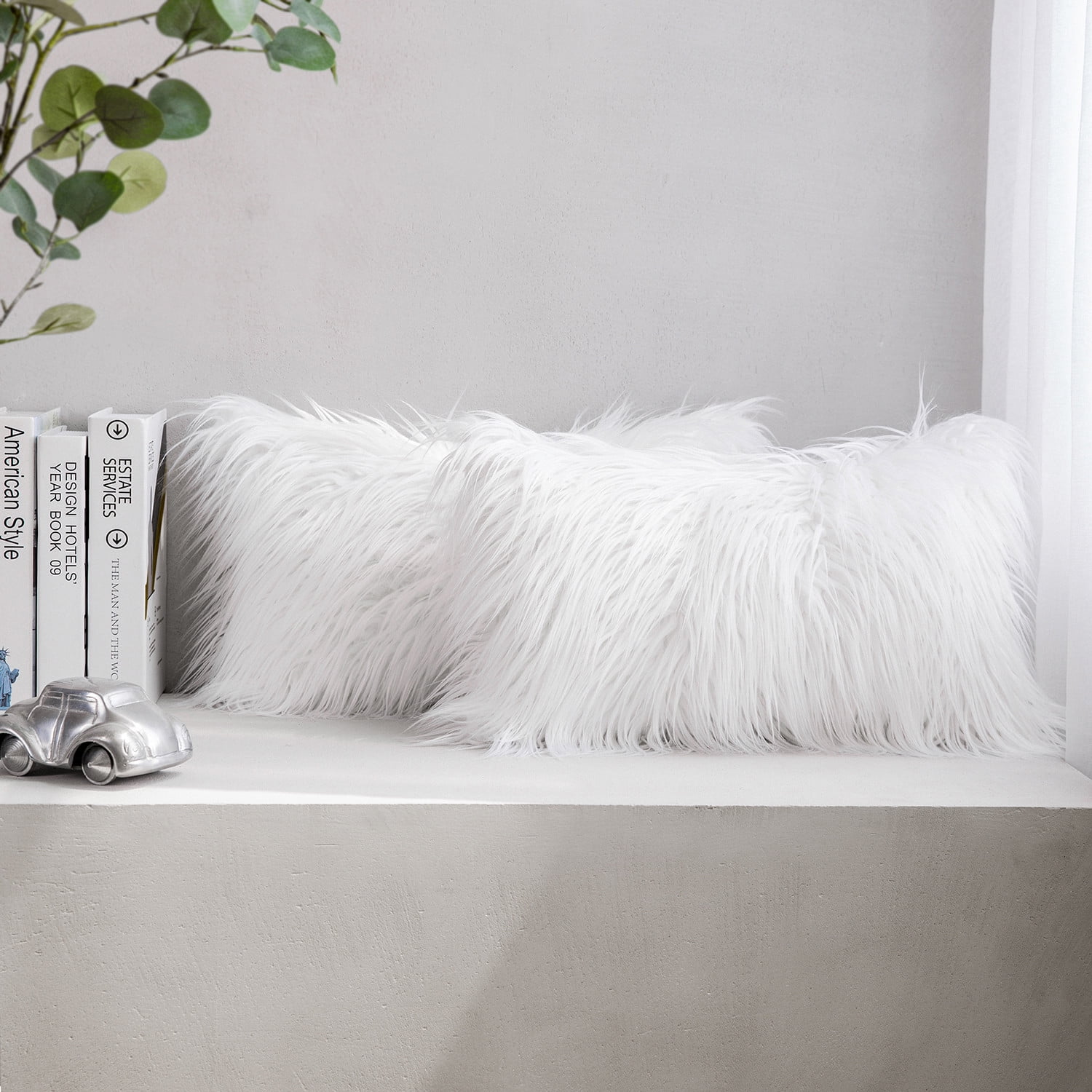 Phantoscope Soft Fluffy Faux Fur Rectangle Cusion Decorative Throw Pillow Cover with Insert Filled, 12" x 20", White, 2 Pack