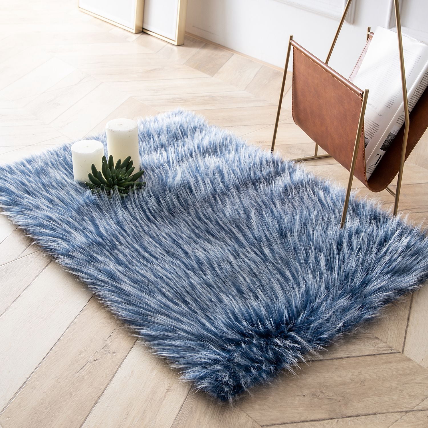 Phantoscope Faux Sheepskin Fur Area Rug, Soft Fluffy Faux Fur Carpet, Dark Blue, 2 x 3 ft, Rectangle