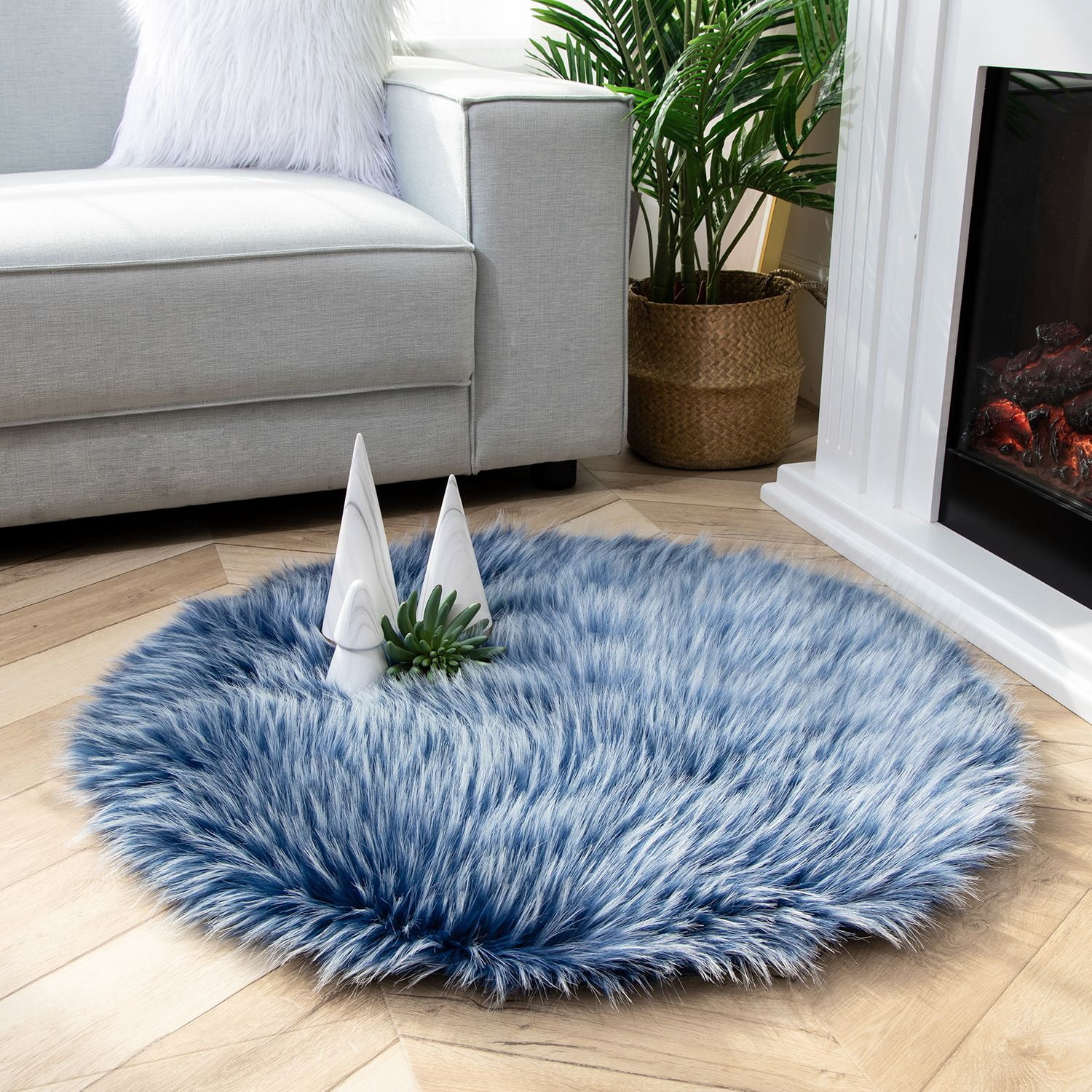 Phantoscope Faux Sheepskin Fur Area Rug, Soft Fluffy Faux Fur Carpet, Dark Blue, 3 x 3 ft, Round