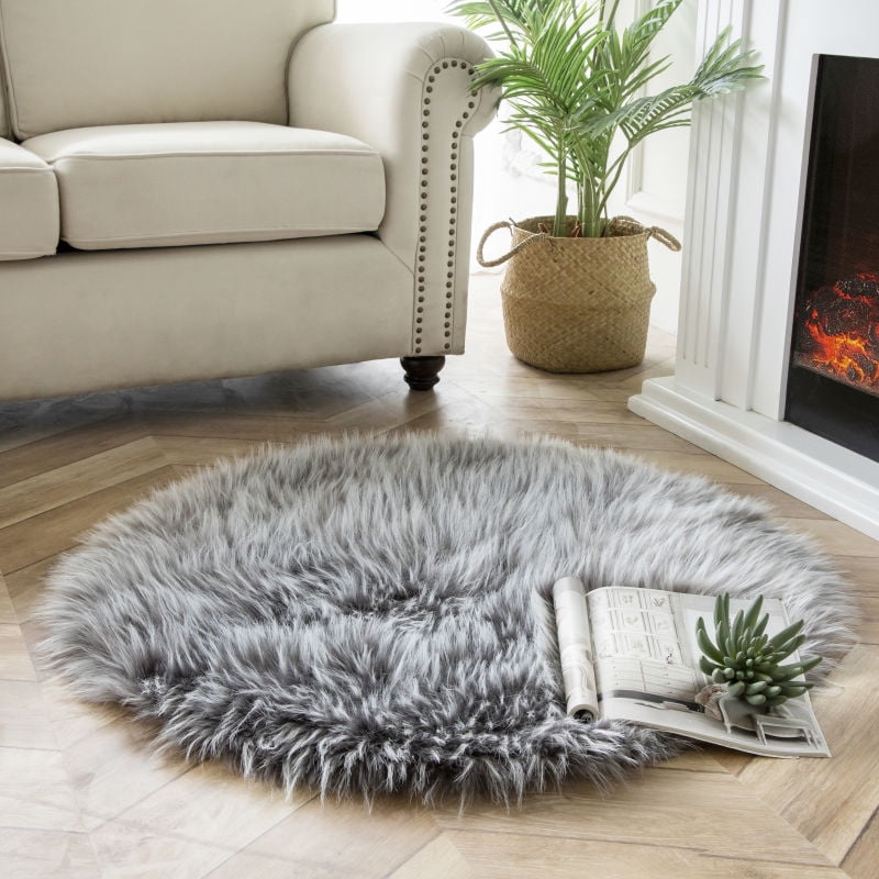 Phantoscope Faux Sheepskin Fur Area Rug, Soft Fluffy Faux Fur Carpet, Light Gray, 3 x 3 ft, Round