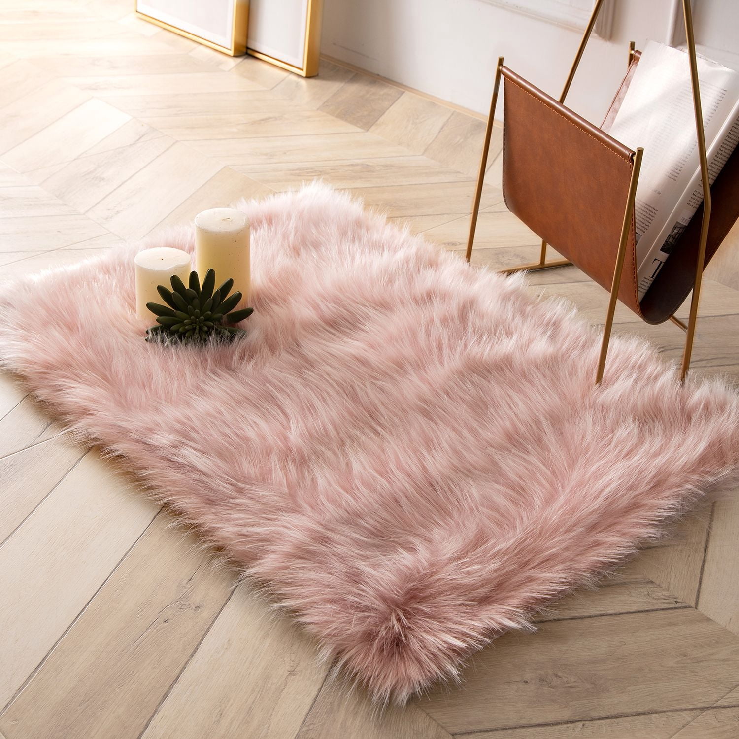 Phantoscope Faux Sheepskin Fur Area Rug, Soft Fluffy Faux Fur Carpet, Pink, 2 x 3 ft, Rectangle
