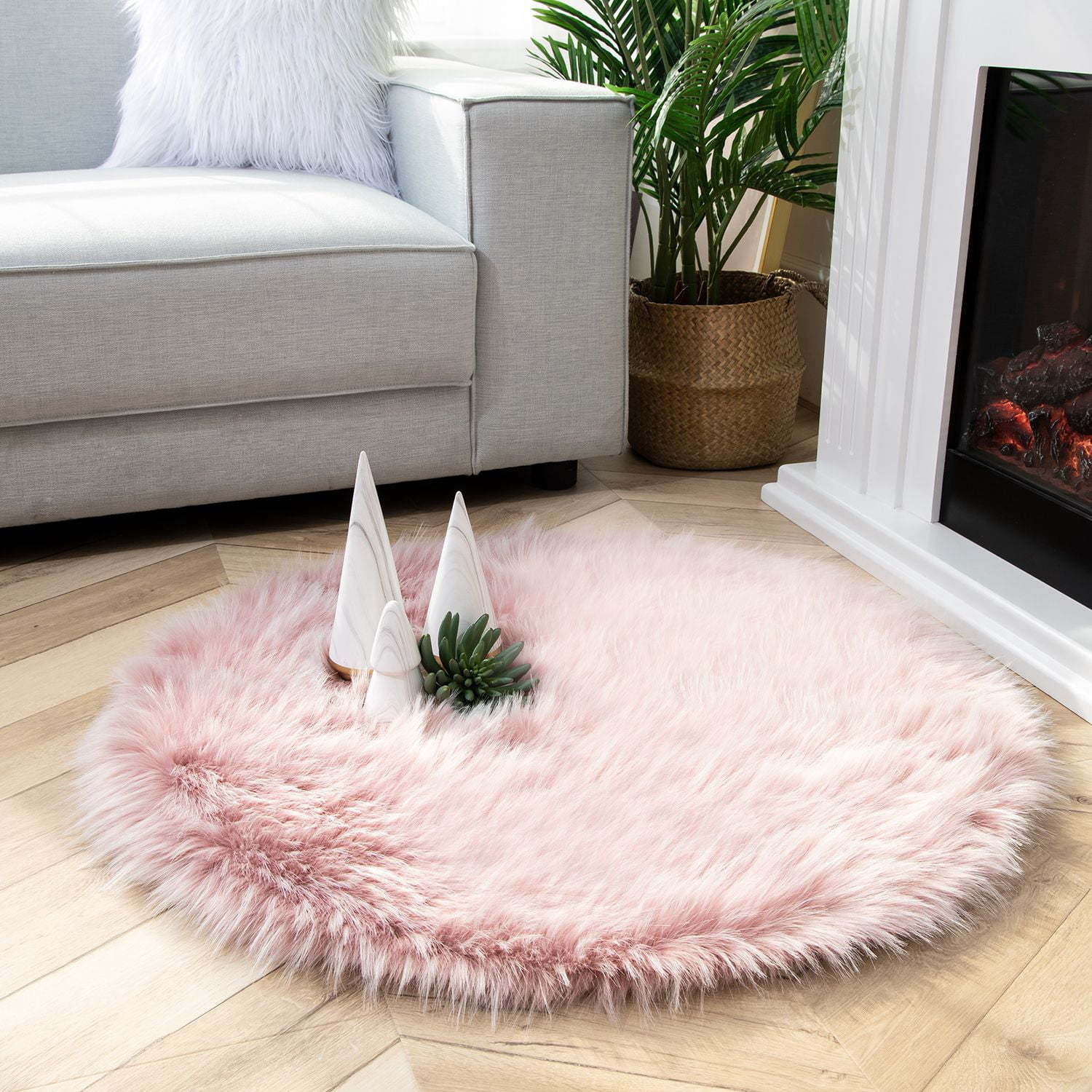 Phantoscope Faux Sheepskin Fur Area Rug, Soft Fluffy Faux Fur Carpet, Pink, 3 x 3 ft, Round