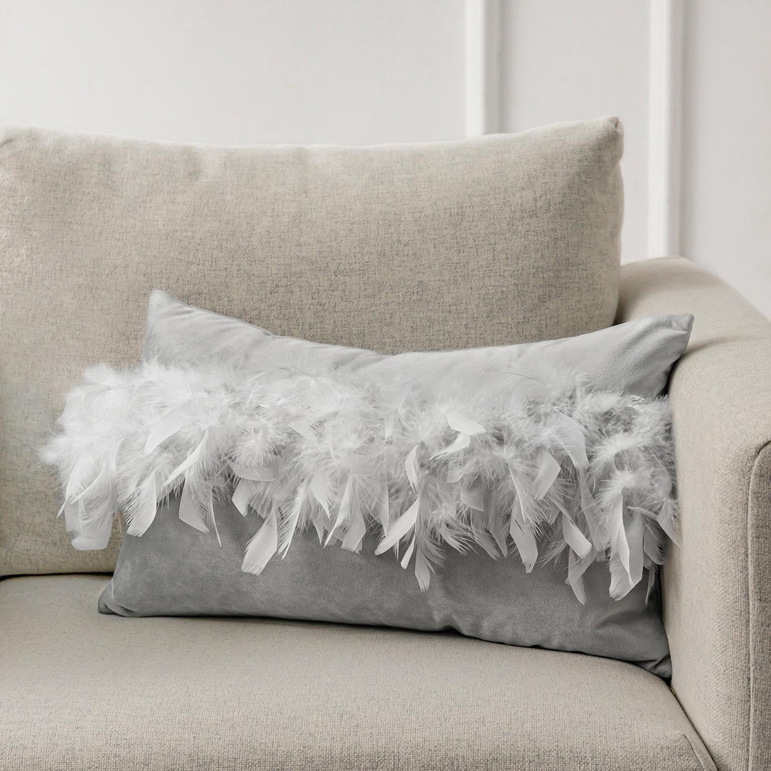 Phantoscope Feather Velvet Decorative Throw Pillow, 12 x 20 in, Light Gray, 1 Pack