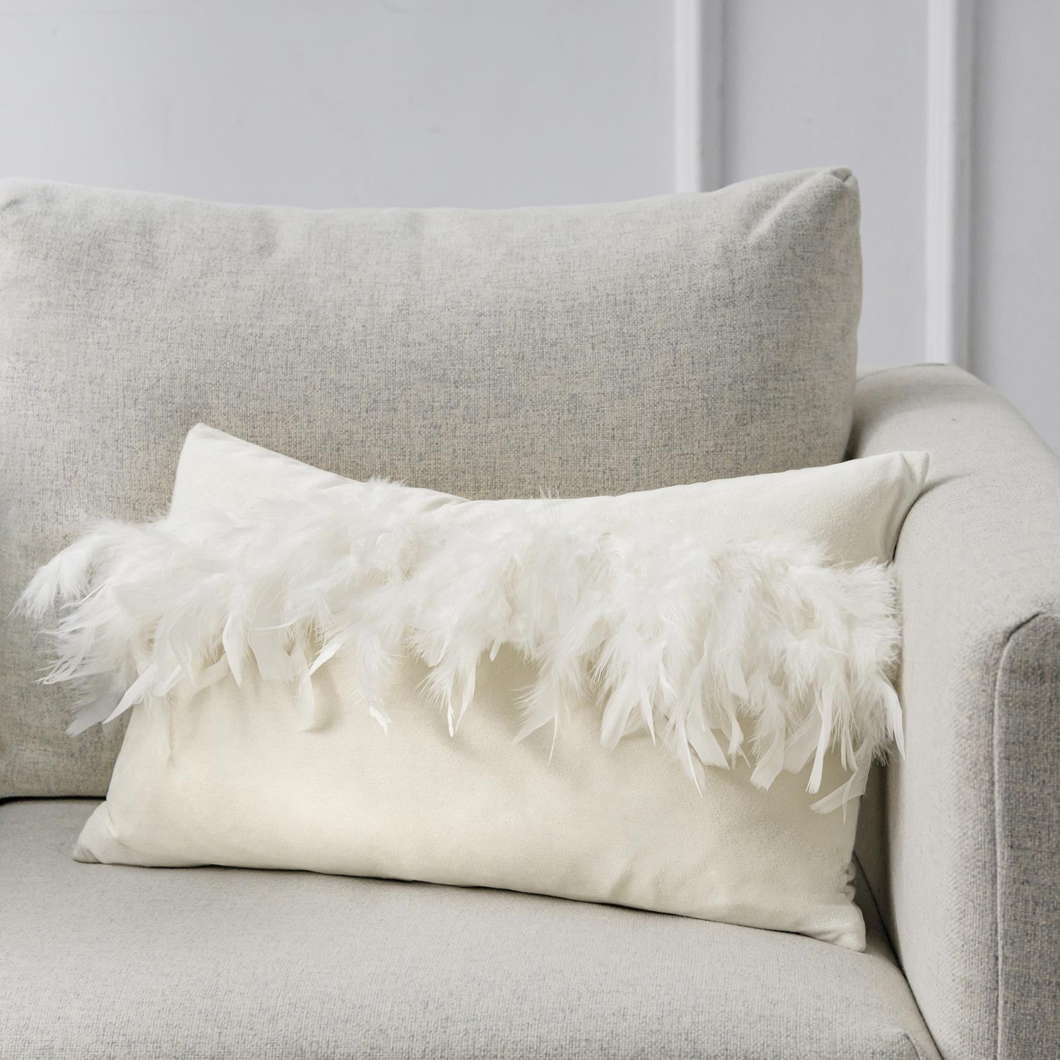 Phantoscope Feather Velvet Decorative Throw Pillow, 12 x 20 in, Off White, 1 Pack