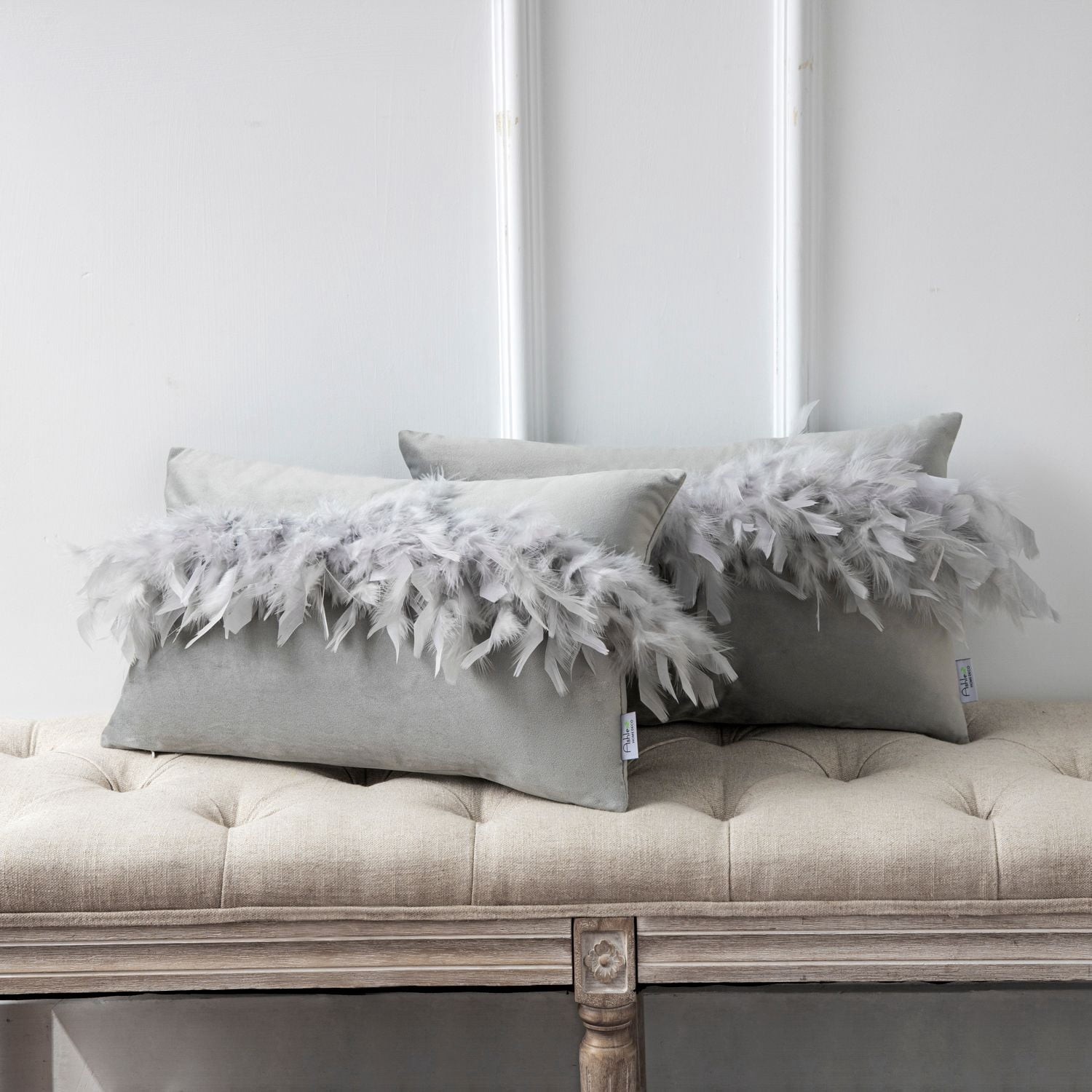 Phantoscope Feather Velvet Decorative Throw Pillows, 12 x 20 in, Light Gray, 2 Pack