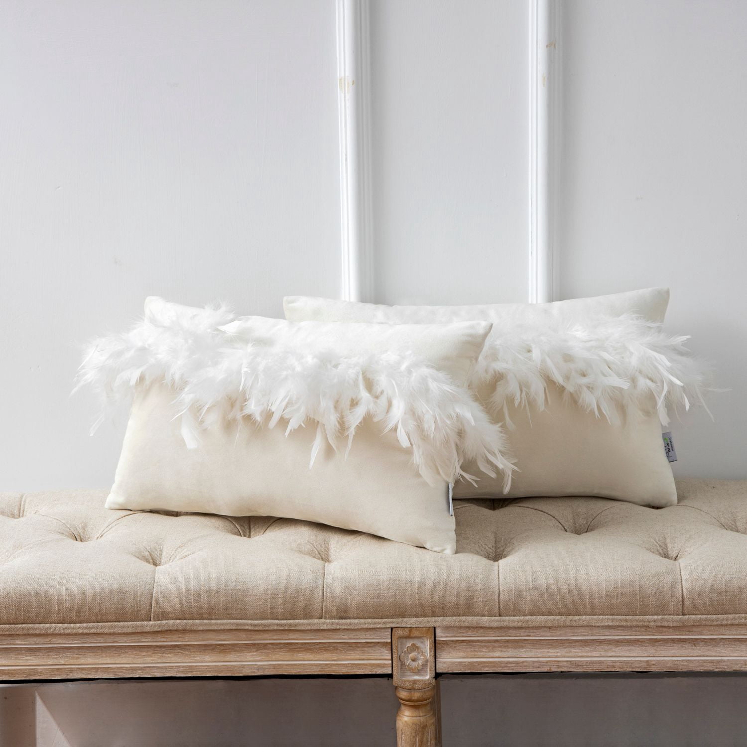 Phantoscope Feather Velvet Decorative Throw Pillows, 12 x 20 in, Off White, 2 Pack