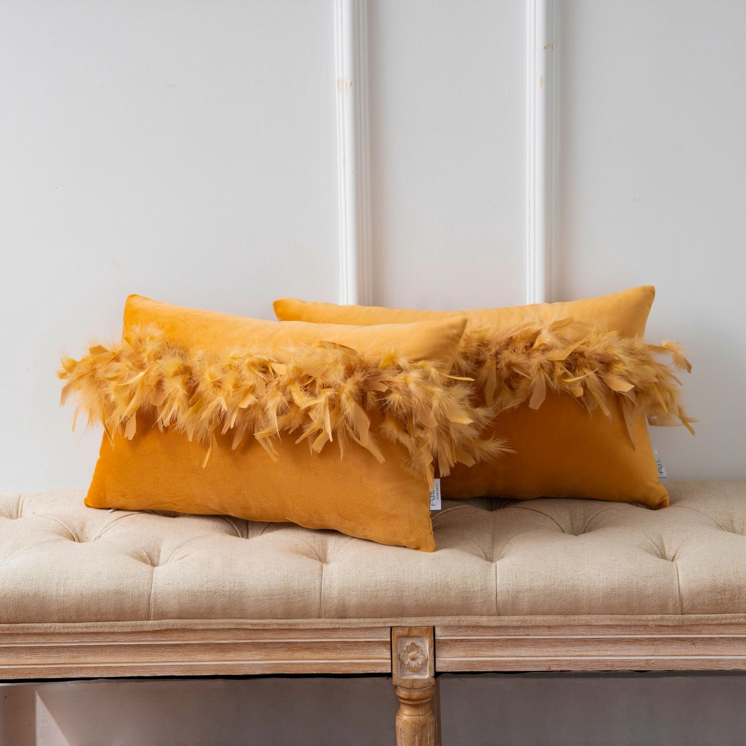 Phantoscope Feather Velvet Decorative Throw Pillows, 12 x 20 in, Orange, 2 Pack
